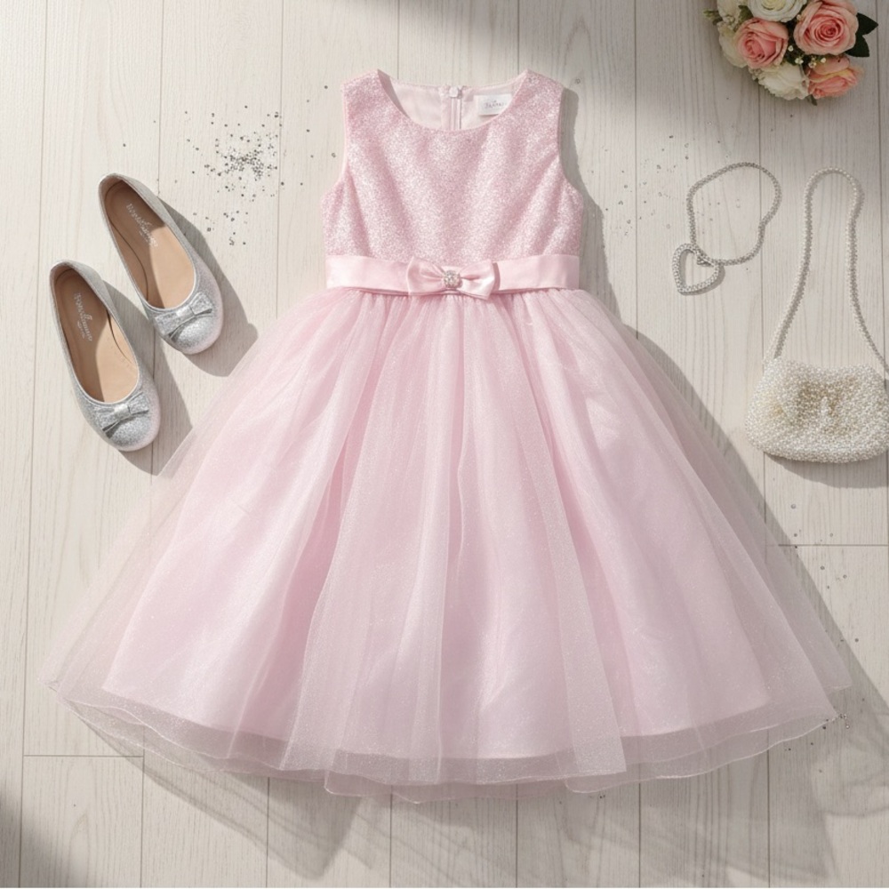 Girls Pink Sparkly Frilly Dress